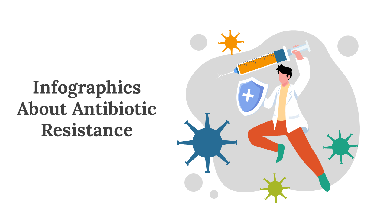 Slide deck with antibiotic resistance infographics, showing visuals like charts, pills, and a doctor with a syringe.