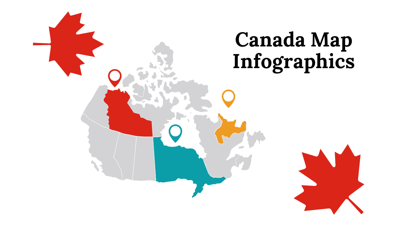 Canada map infographic set with multiple slide layouts, showcasing data visuals, regional highlights, and colorful markers.