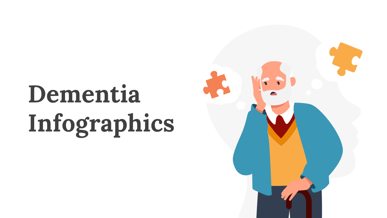 Slide deck illustration of an elderly man holding his head, with puzzle pieces around, representing dementia infographics.