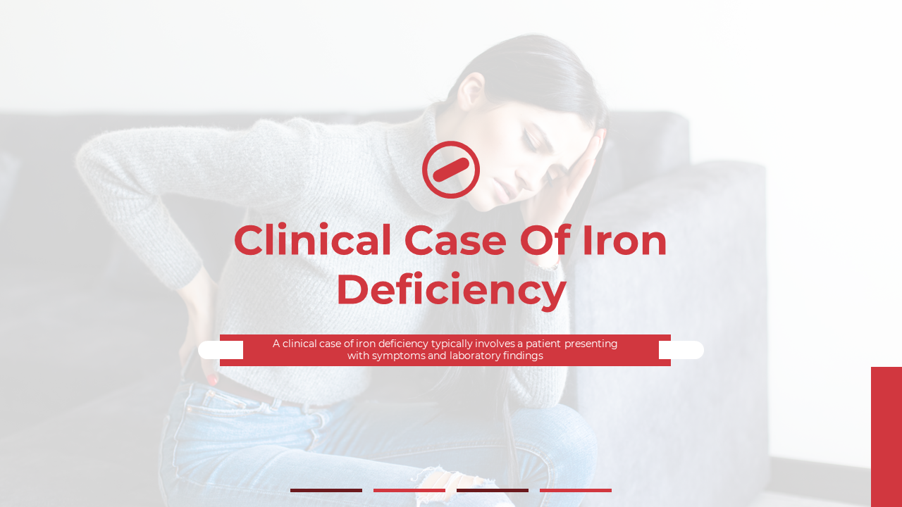 Slides discussing iron deficiency, with visuals on diagnosis, patient profile, and treatment strategies, in red theme.