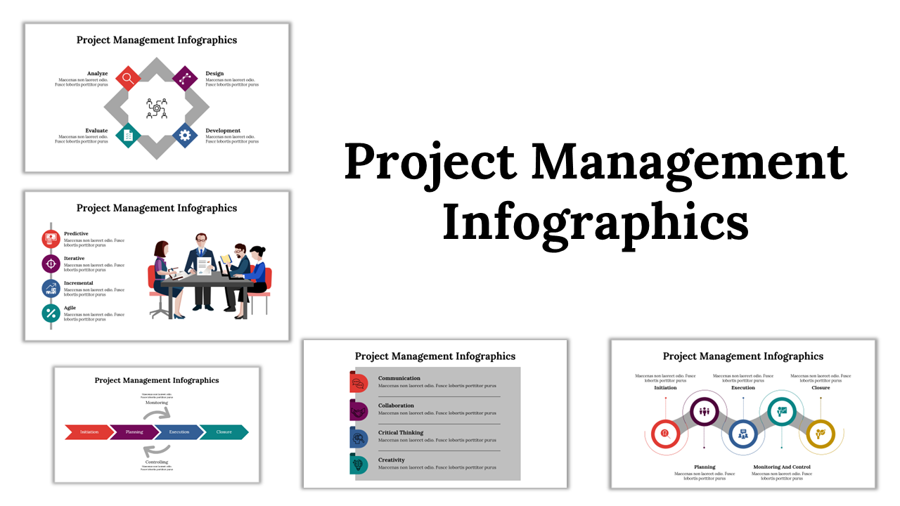 Slide deck showcasing project management infographics with diverse shapes, timelines, and organizational elements.