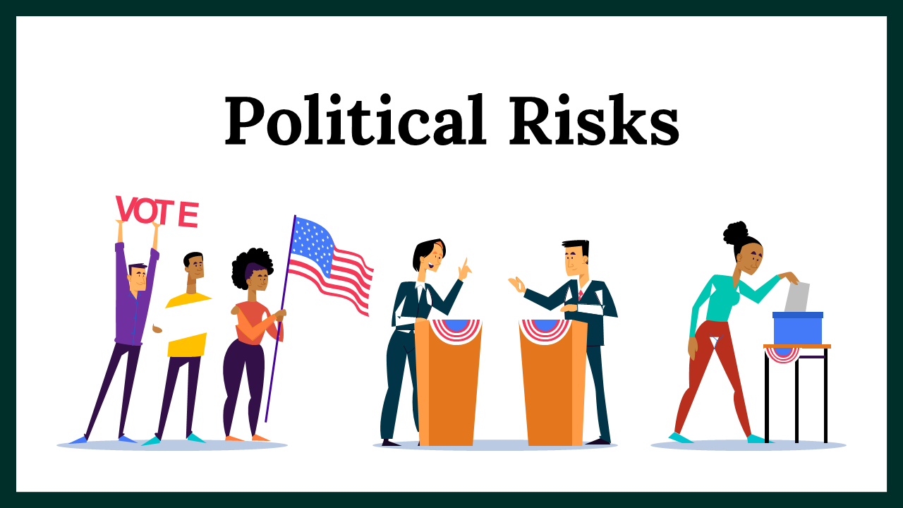 Slide deck on political risks with illustrations of debates, voting, and infographics in vibrant colors.