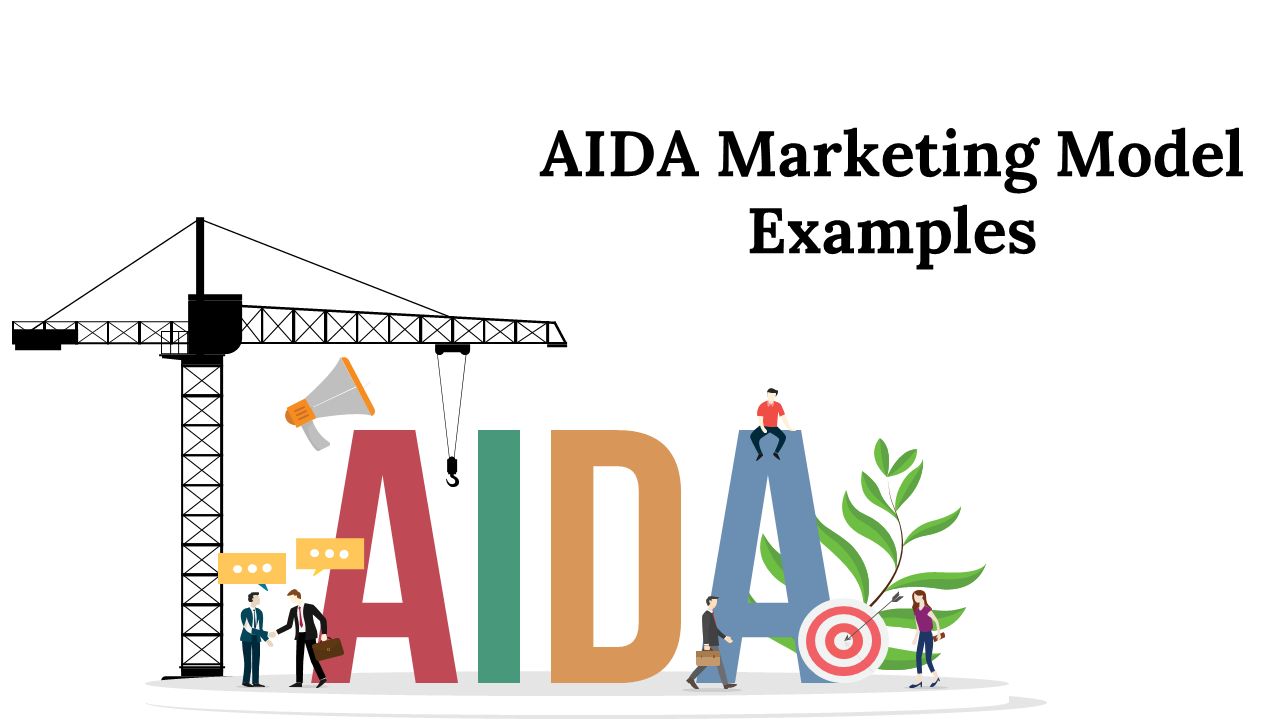 AIDA Marketing model slides with colorful diagrams and icons illustrating the stages of the customer journey.