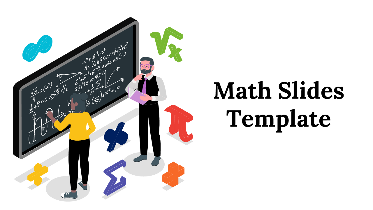 Math slide deck featuring a chalkboard illustration, colorful icons, bar charts, geometric shapes, and diagrams.