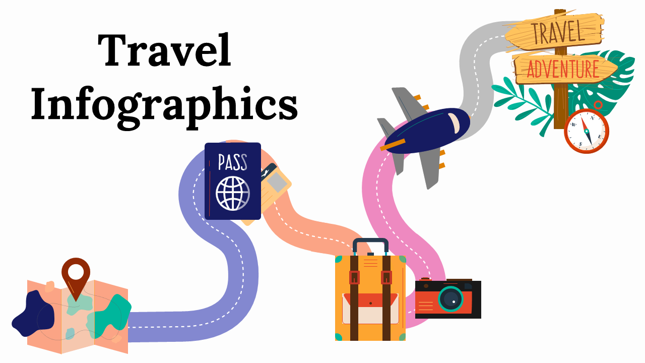 Slide deck showcasing travel data with icons, world maps, charts, and infographics in purple, orange, and blue hues.