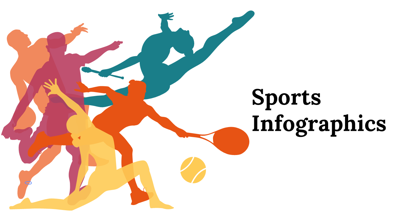 Slide deck with sports themed infographics, including figures in dynamic poses, graphs, and icons in diverse colors.