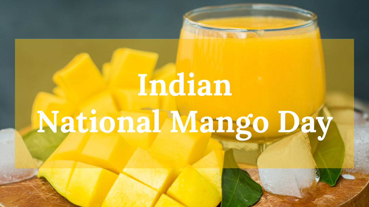 Slide featuring Indian national mango day with sections on yellow mango varieties, nutritional benefits, and global usage.