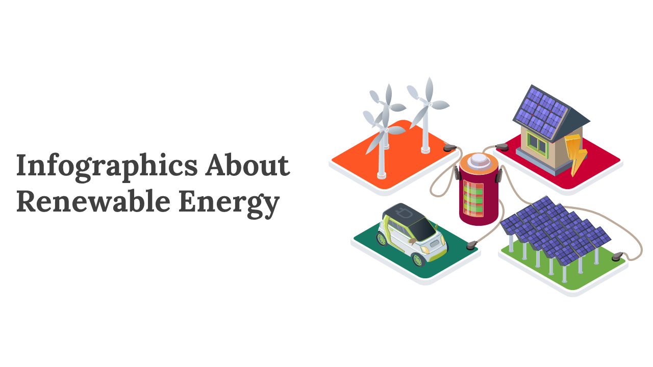 Illustrated infographic slide deck on renewable energy sources, featuring from wind energy to a battery.