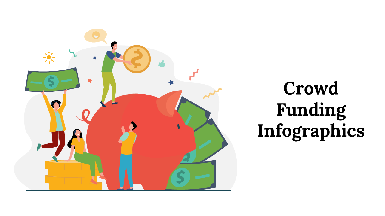 Slide deck on crowdfunding, featuring colorful infographics with pie charts, bar graphs, timelines, and fundraising data.