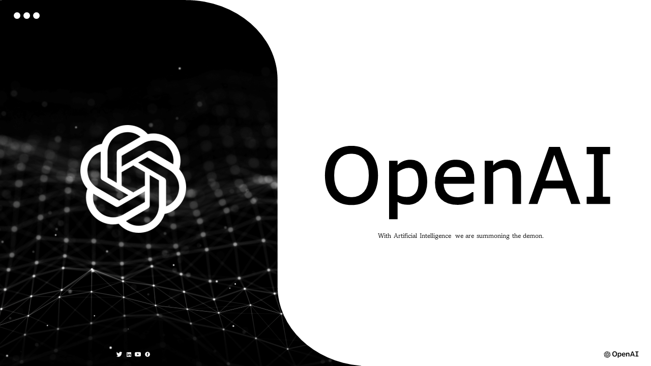 Slide deck about openAI with black and white themes, showcasing mission, vision, milestones, and pricing services.