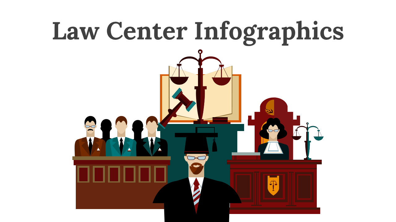 Slide deck with illustrations of judges, scales of justice, courtrooms, and various legal icons and diagrams.