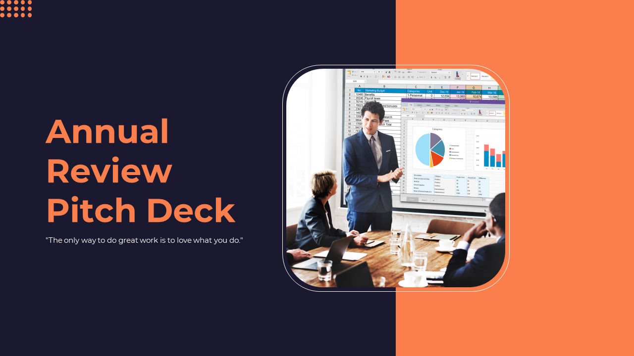 Annual Review Pitch Deck with various business slides, including problem, solution, and SWOT analysis sections on dark theme.