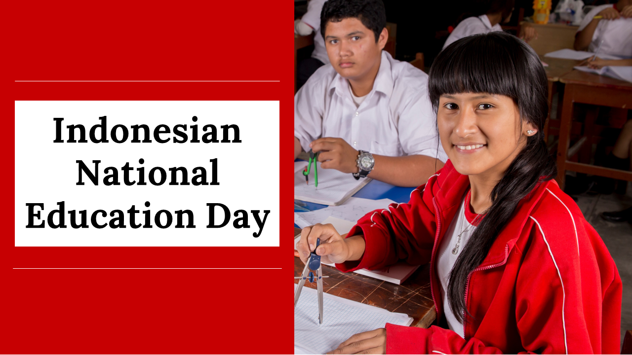  Slidedeck for Indonesian national education day with students in uniform engaged showing different types in learning.