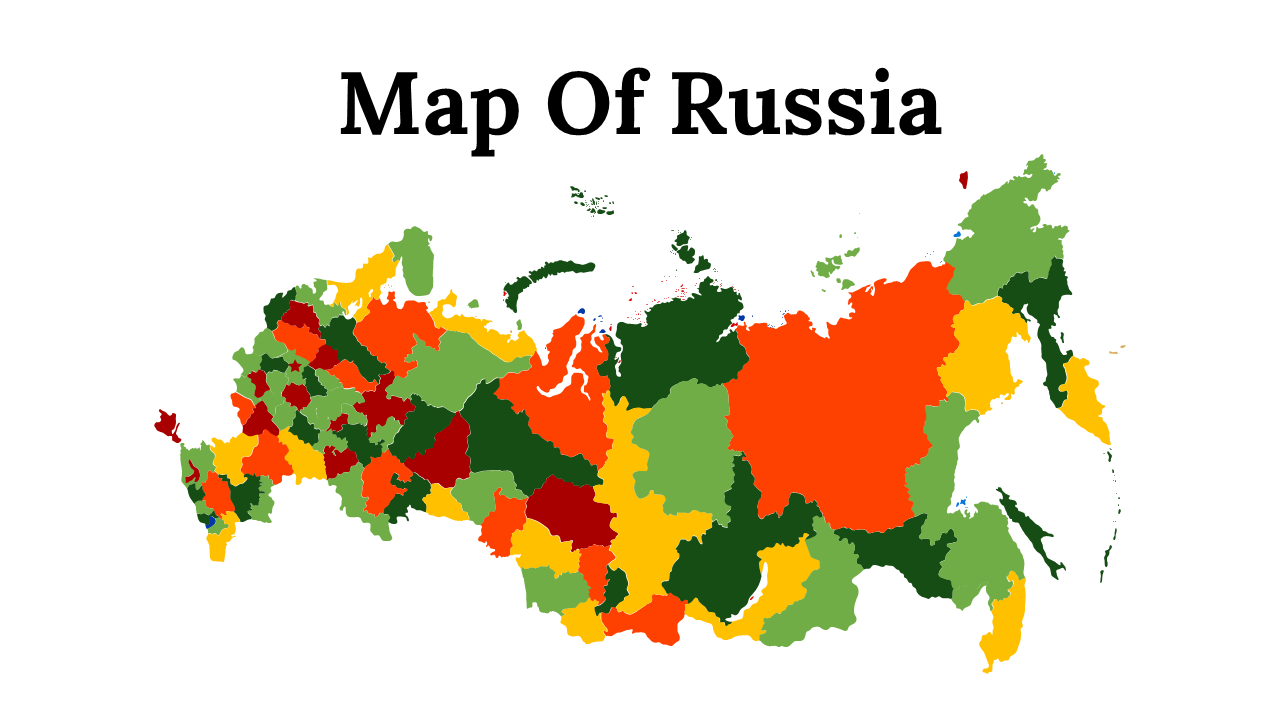 Stylized slide deck of map of Russia  with diverse color-coded regions, highlighting geographical areas.