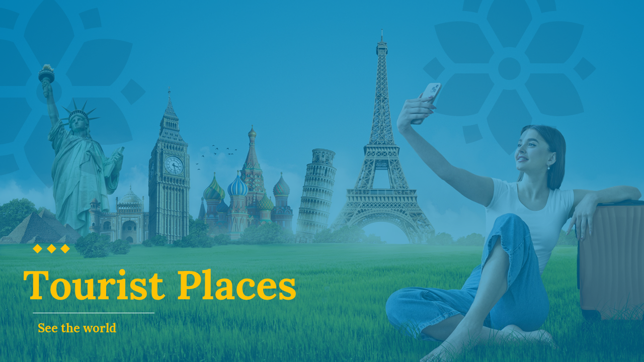 Tourist destination slide deck with blue background, showcasing famous landmarks and places to visit worldwide.