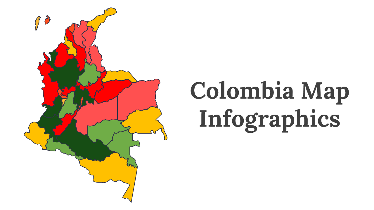 Slide deck with Colombia map infographics, including pie charts, arrows, and text areas in red, green, and yellow.