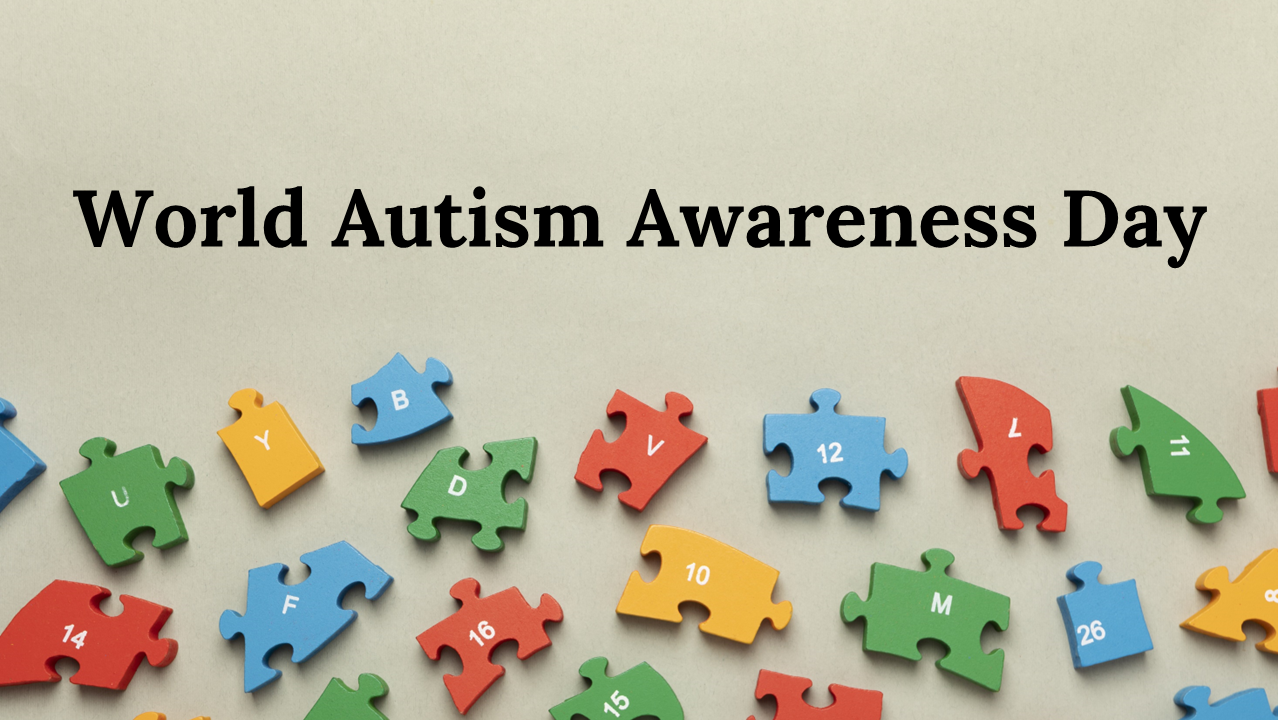 World Autism Awareness day slides with colorful puzzle pieces and sections on history, acceptance, and facts.