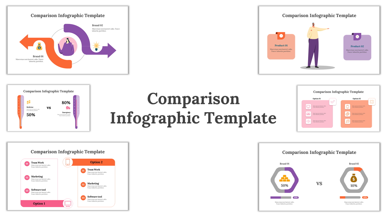 Comparison slide deck featuring different visual formats like arrows, charts, and hexagons to compare two products.