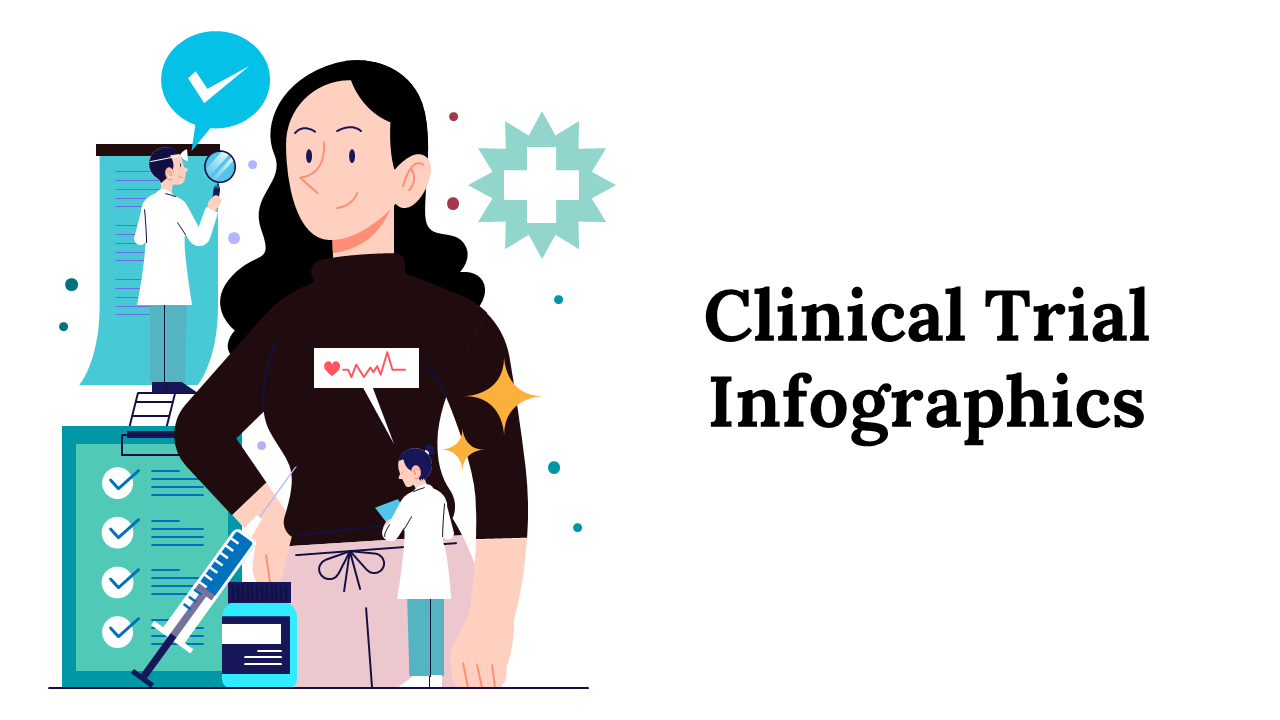 Slide deck on clinical trials with green shaded infographics showing phases, gender data, and process steps.