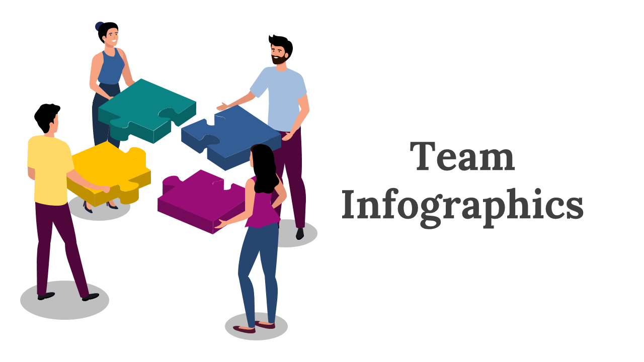 Slide deck showing team collaboration infographics, with visuals of puzzle pieces, group discussions, and teamwork.