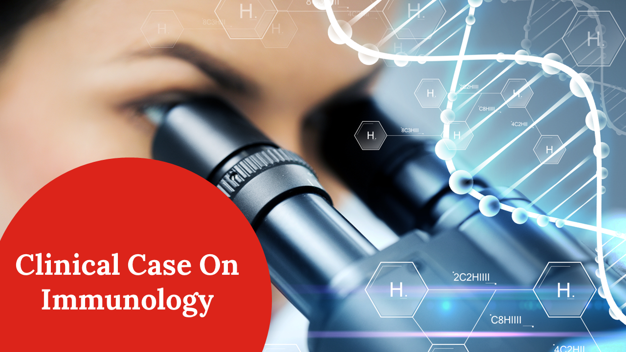 Clinical case presentation slides on Immunology, covering history, patient details, treatment, and clinical findings.