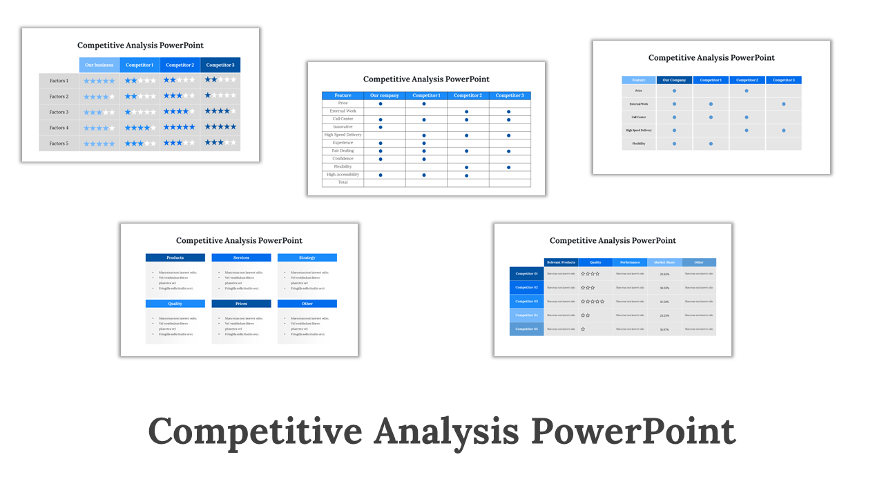 Competitive analysis slides featuring various comparison tables and rating charts for evaluating competitors.