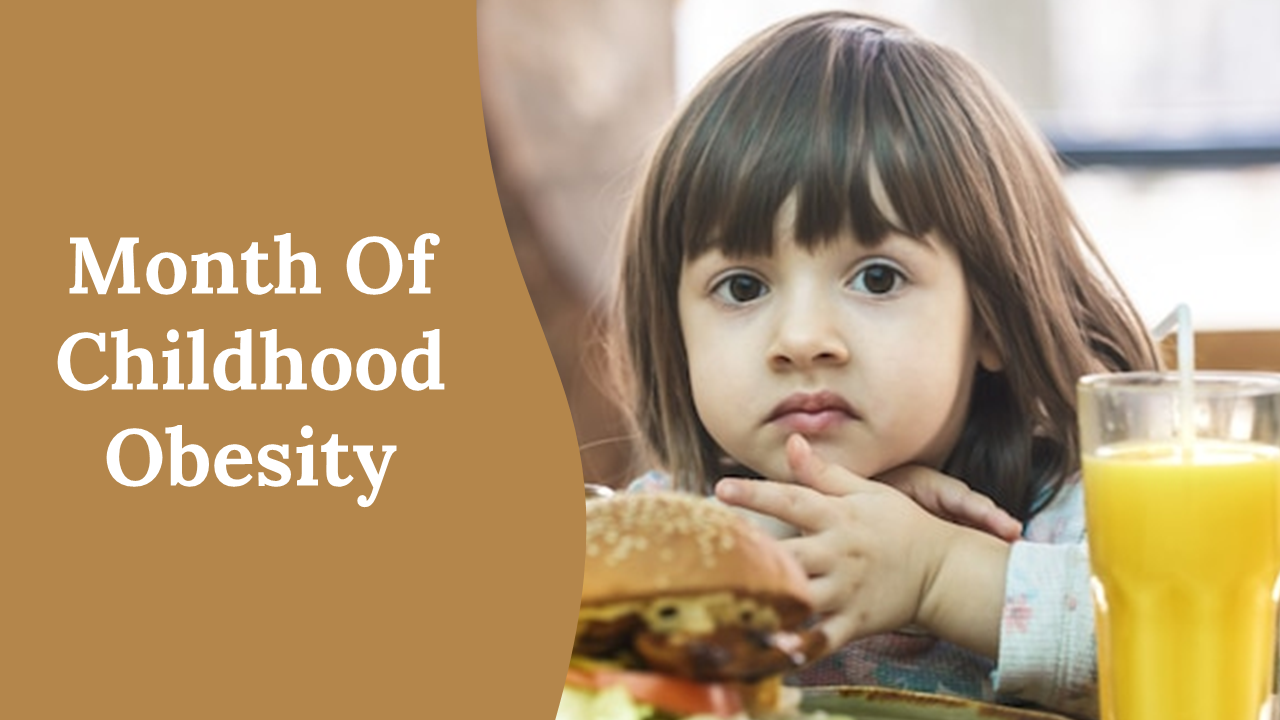 Slide deck with brown theme, featuring images of children and sections on childhood obesity causes and health impacts.