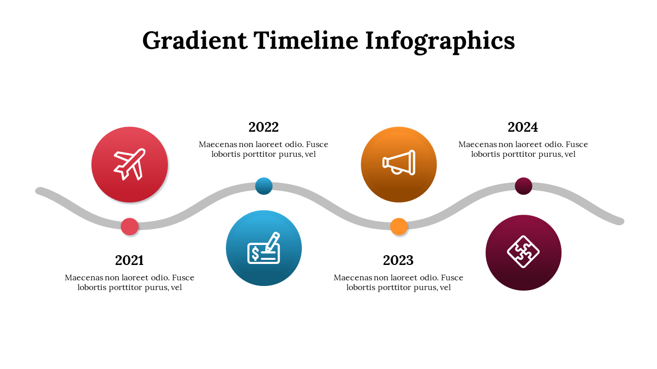 Infographic with a wavy timeline slide deck from 2021 to 2024, each year marked with a gradient icon symbolizing activities.