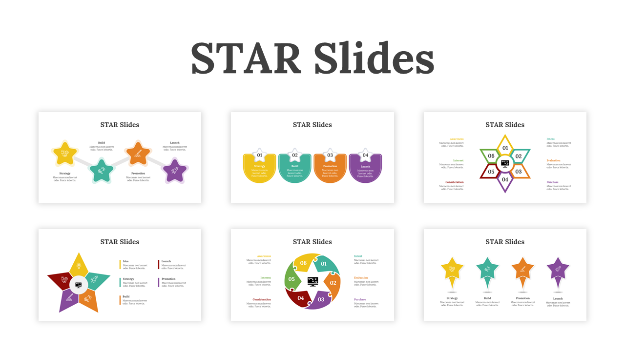 Overview of STAR slides displaying creative layouts with star and circle visuals in different colors.