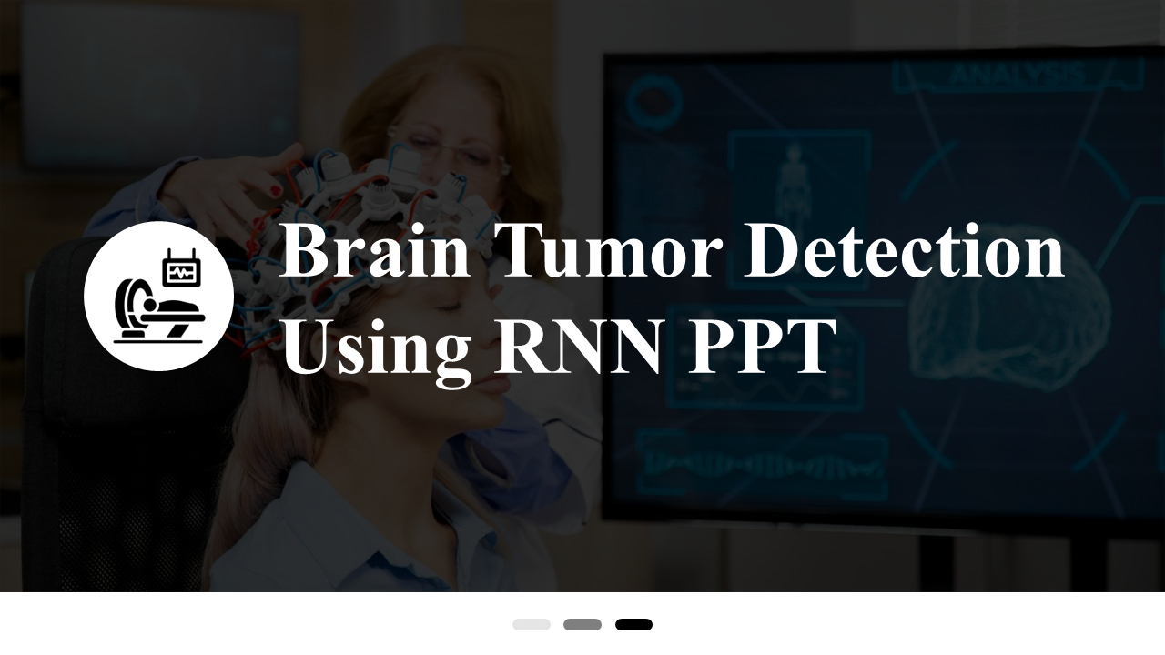 Pack of slides showing Image of a patient wearing brain scan equipment, displaying brain imaging and about brain tumor.