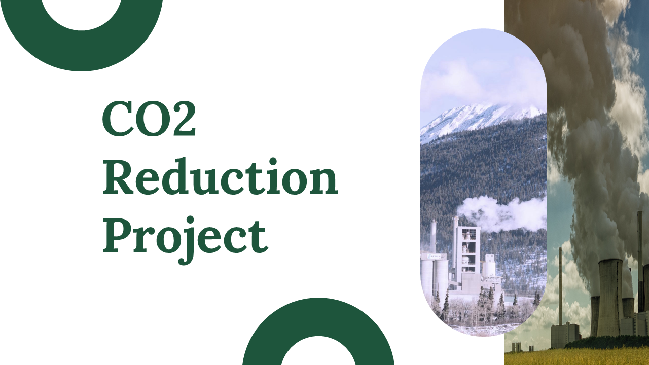 CO2 reduction project slides detailing project goals, types, and sustainability strategies with various layout designs.