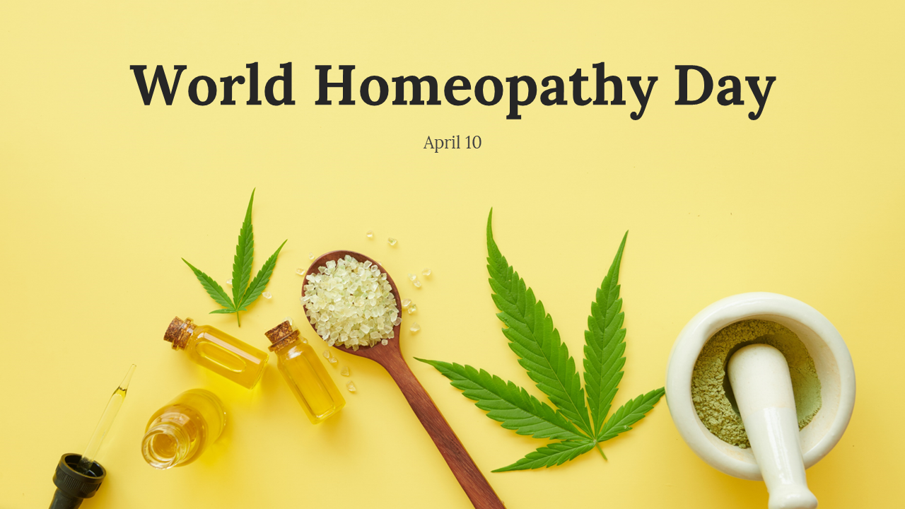 World Homeopathy day slides featuring a yellow theme, highlighting many sections like history, facts, and the importance.