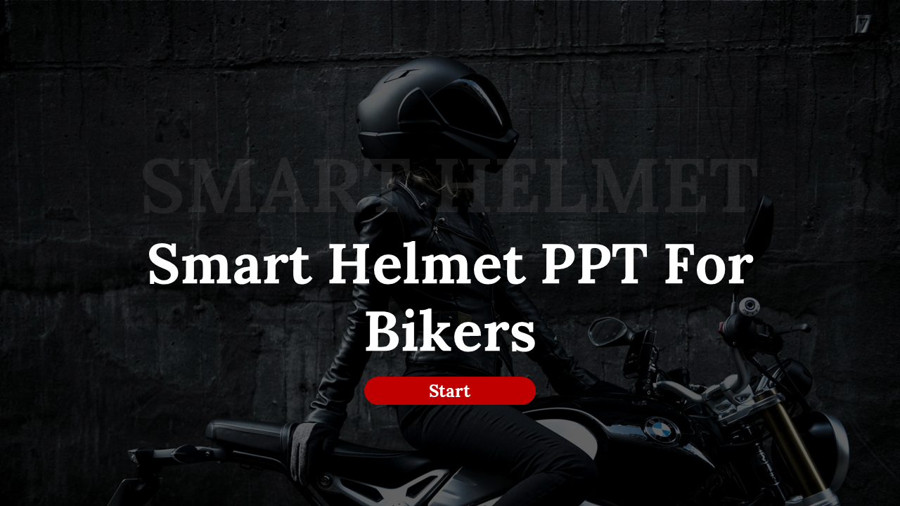 Dark-themed image of a biker with a helmet and Smart h elmet for bikers text with a red start button.