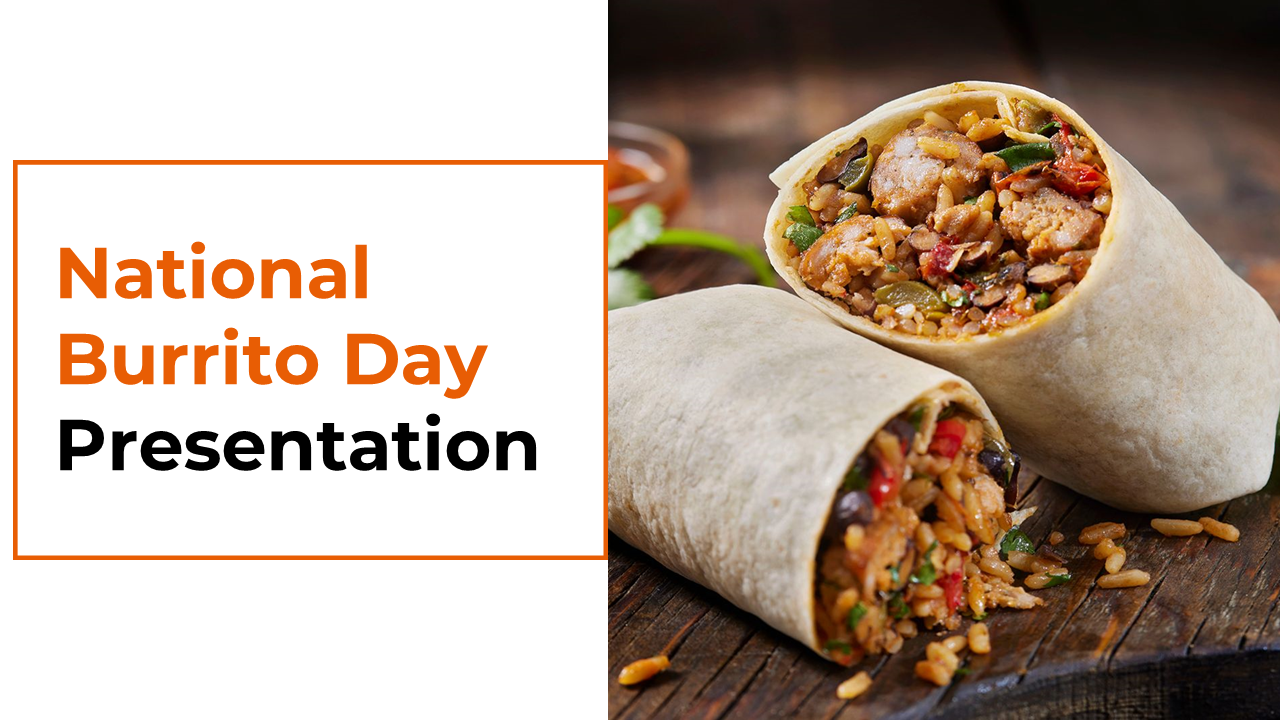 Slide deck featuring burrito images, recipes, and the history presented with orange and white backgrounds.