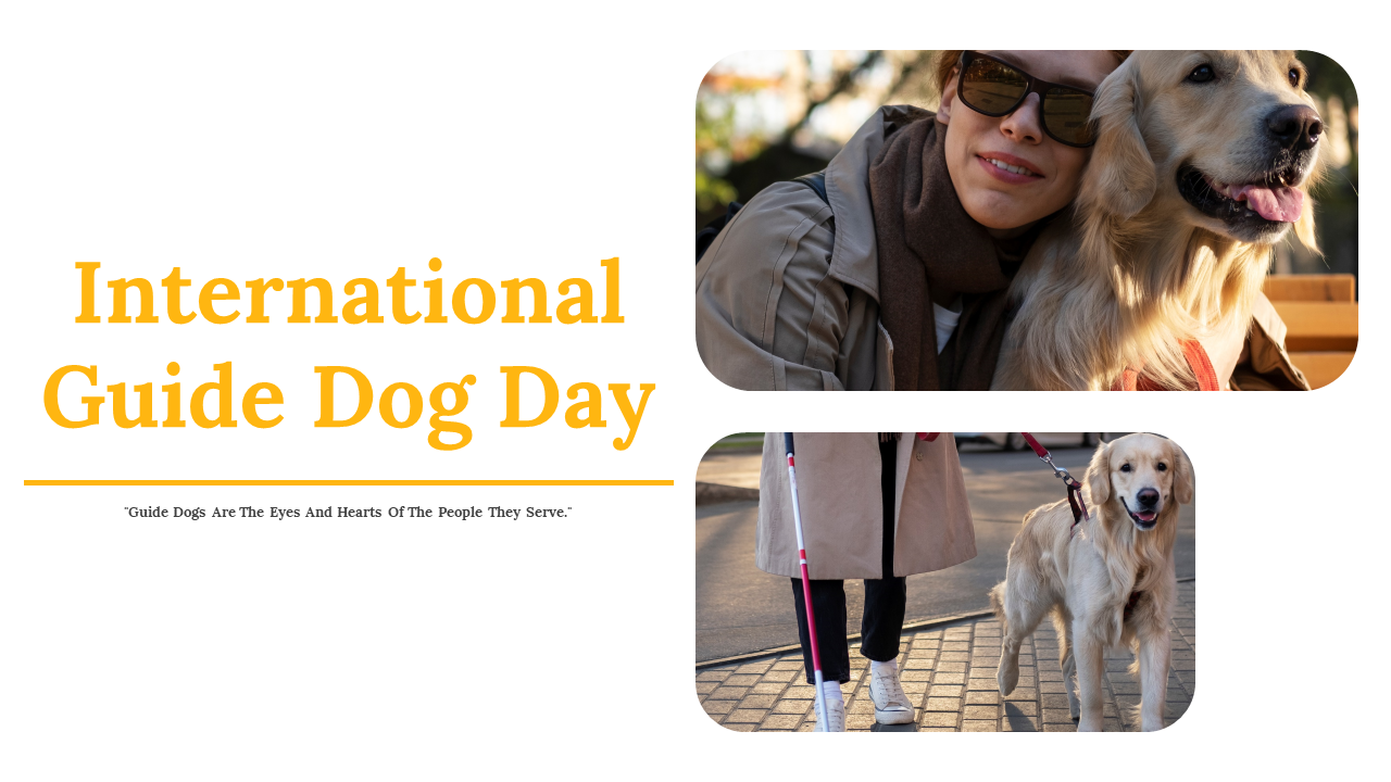 International Guide Dog day slides featuring sections on celebration, benefits, and organizations with many related images.