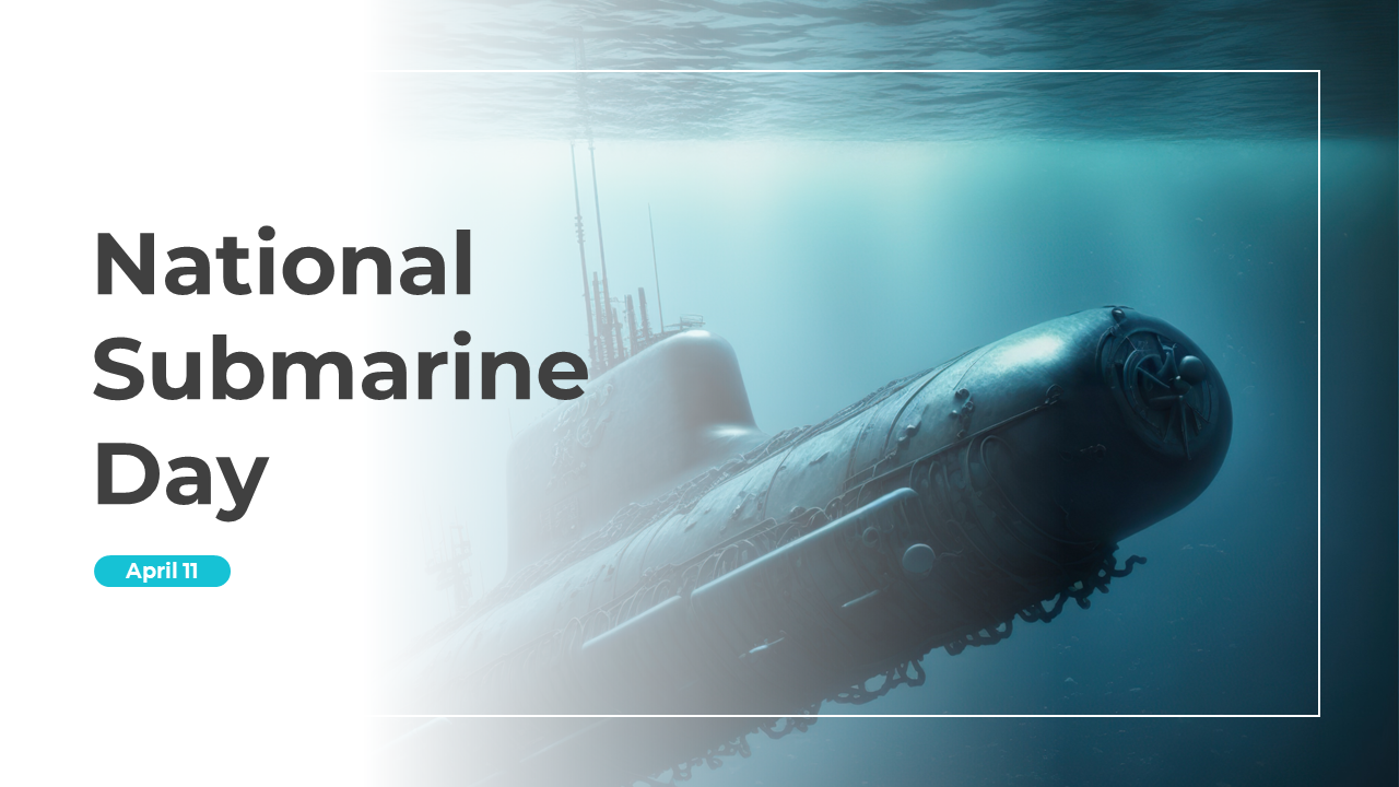 Slide deck with blue visuals, submarine photos, and sections covering the history, types and their uses.