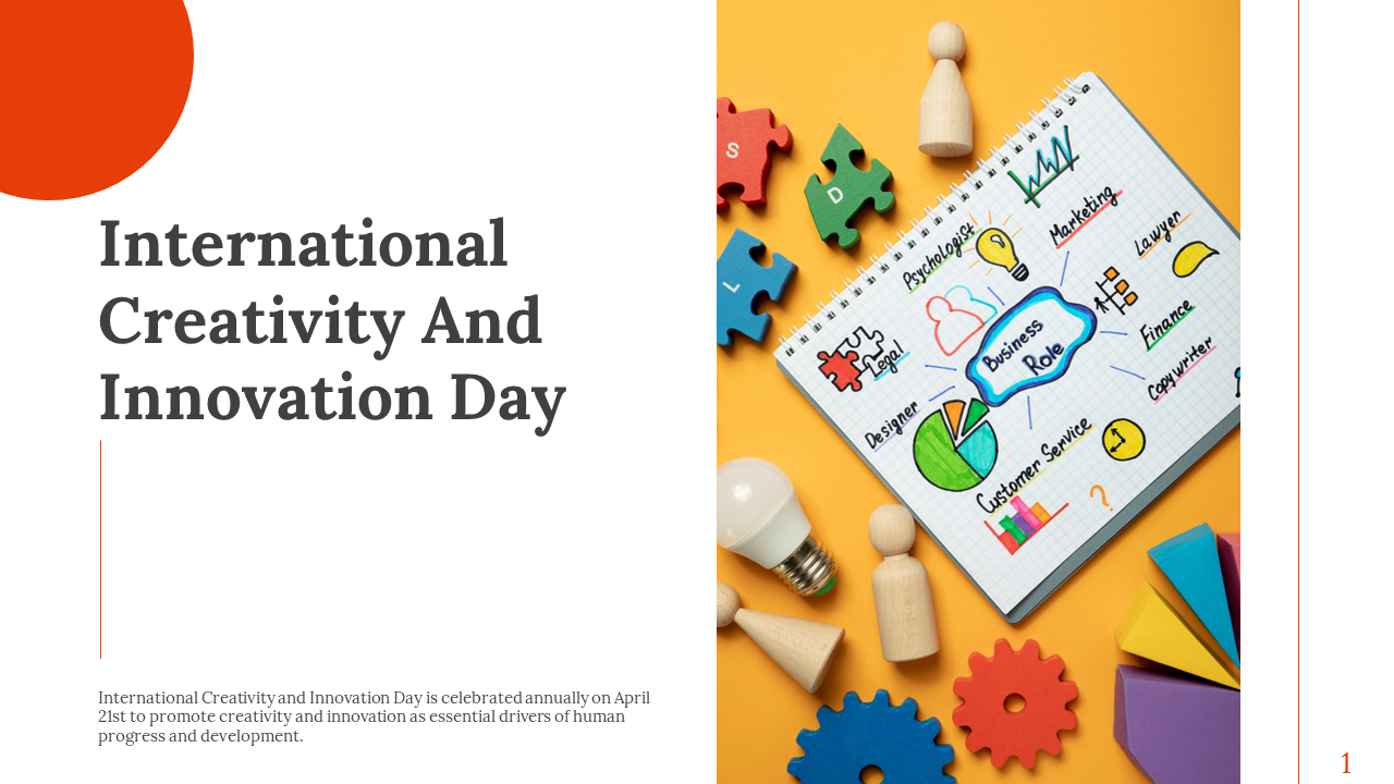 Colorful slide deck celebrating international creativity and innovation day with many sections in colorful layout designs.