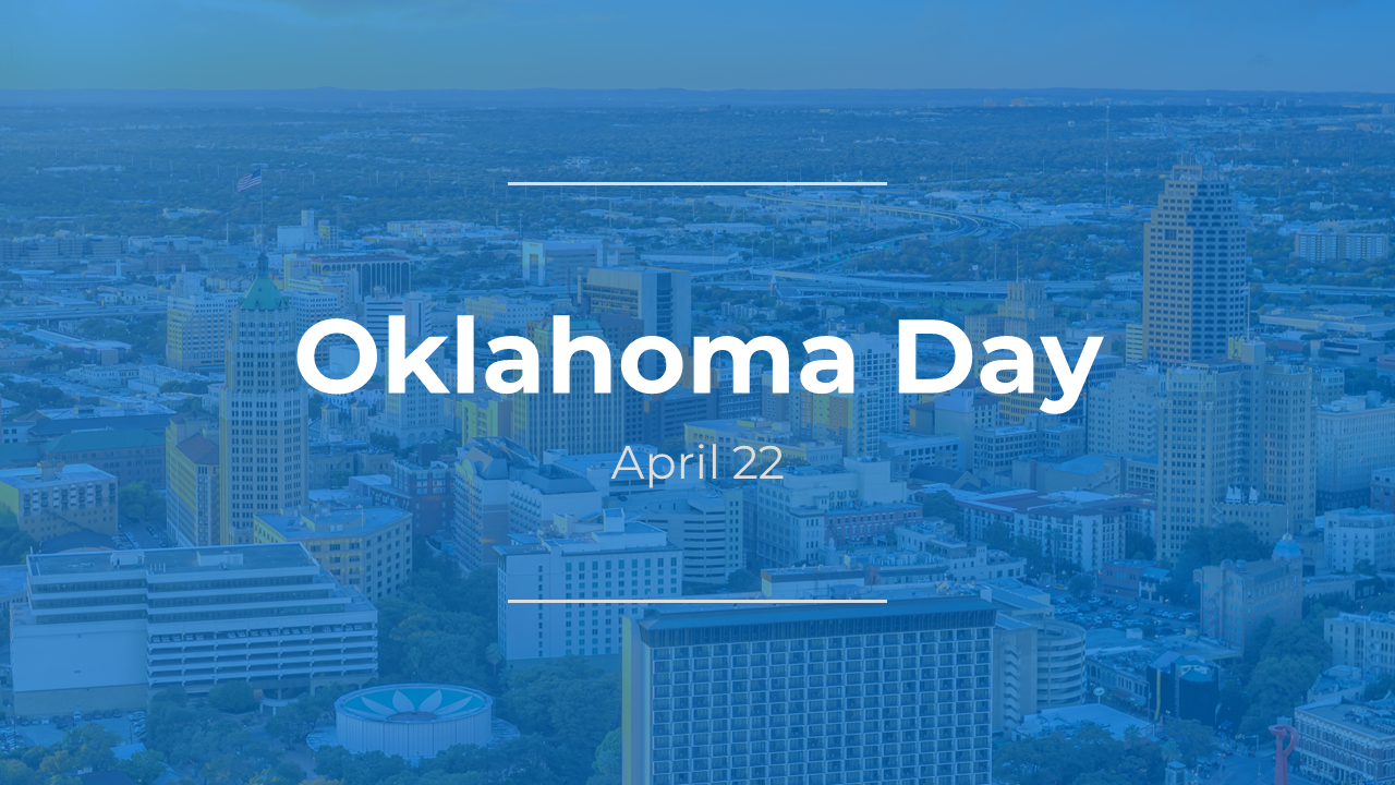 Oklahoma day slides featuring historical details, celebrations, facts, and analysis with photos and charts, in blue accents.