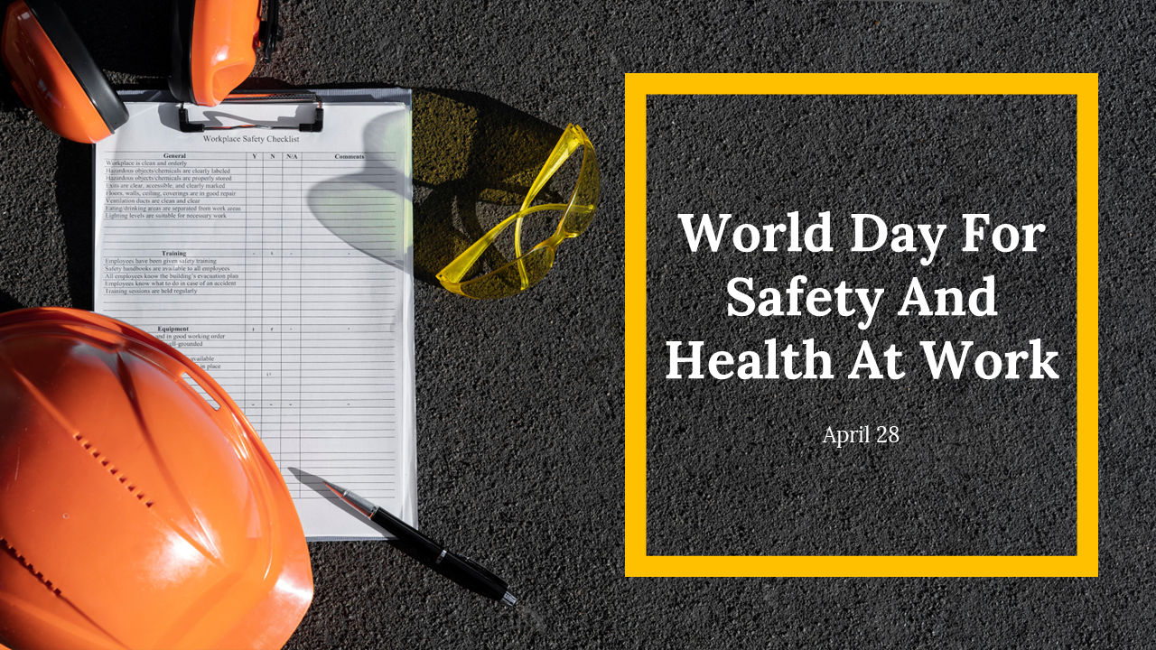 Slide deck on workplace safety featuring images of hard hats, workers, and safety checklists in a yellow and blue theme.