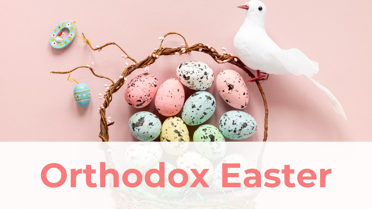 Orthodox Easter slides featuring colorful decorated eggs and a white dove cover various related topics with descriptions.