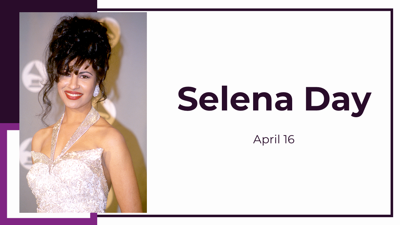 Slide deck with purple accents, featuring images of Selena covering her history, impact, and global celebrations.