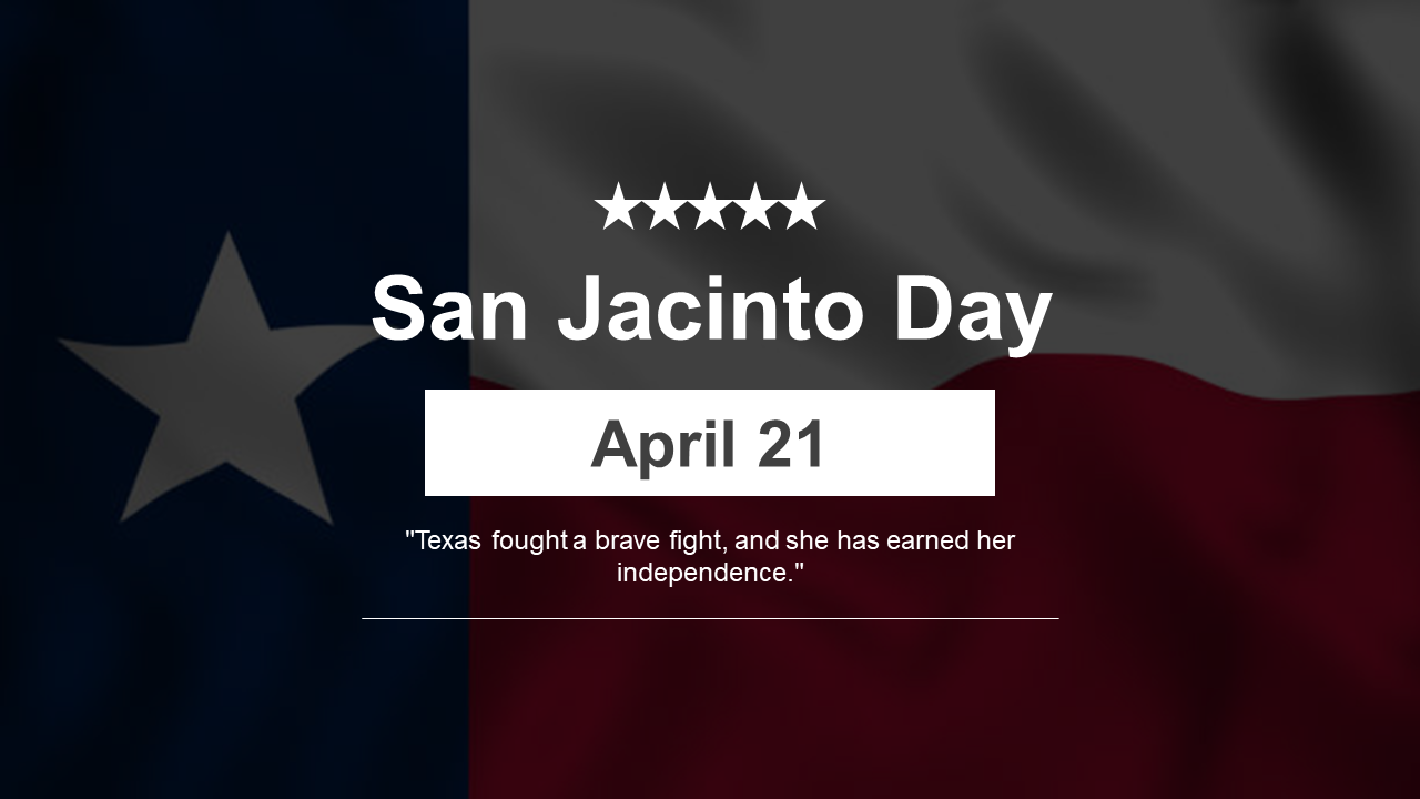 San Jacinto Day with themed slides covering topics like the battle, legacy, impact, and preservation efforts.