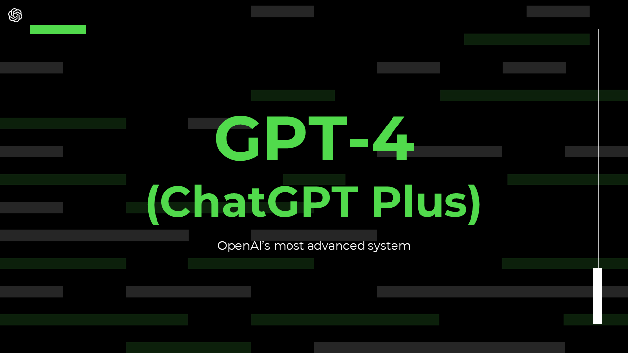 GPT 4 slide deck with a minimalist black background and bright green accents, detailing features and pricing.