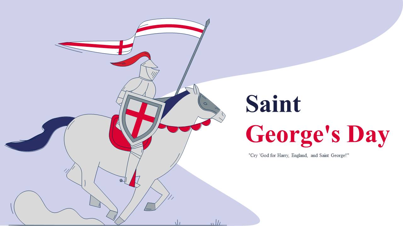 Slide deck with Saint George riding a horse in red and white color theme, and images of dragons and shields.