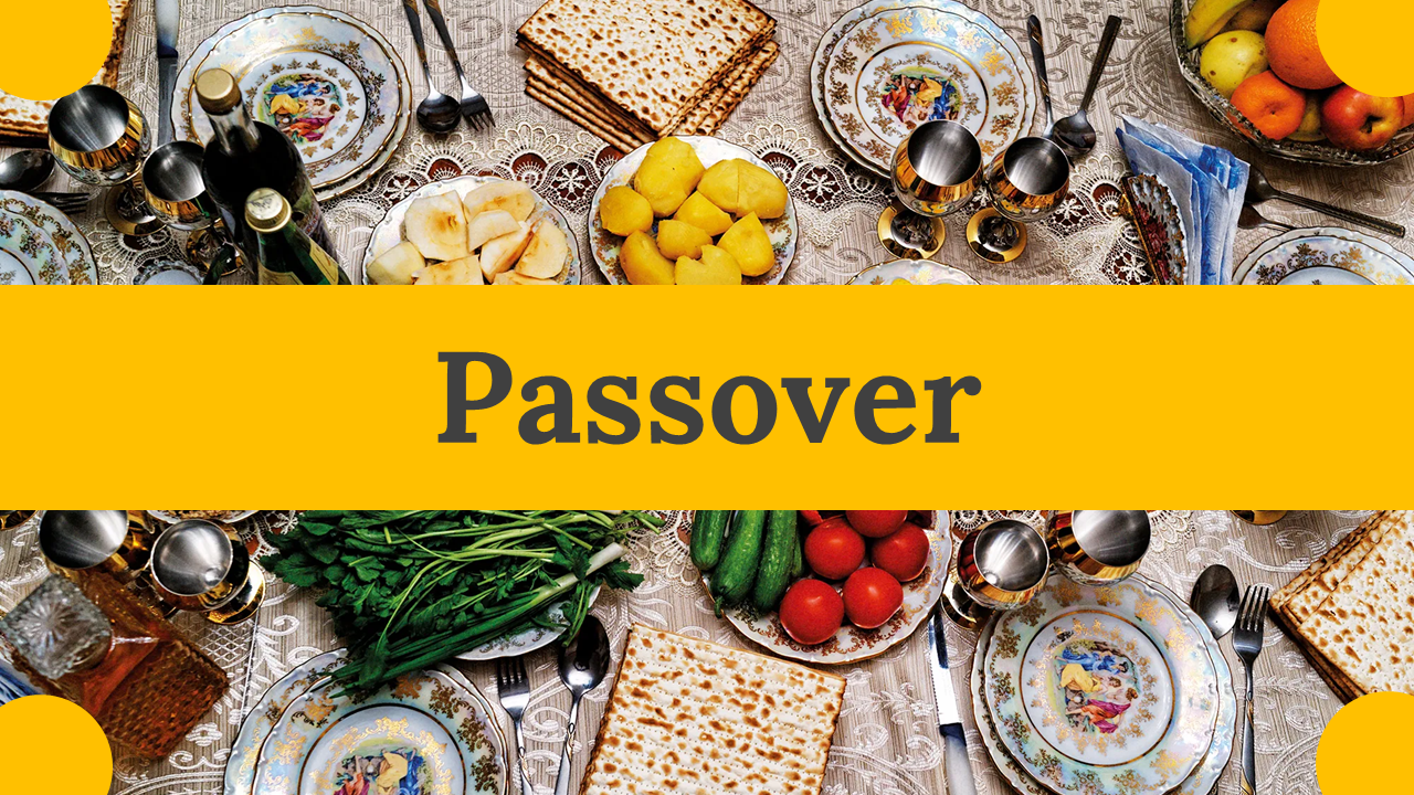 Passover celebration table slide deck with a variety of traditional dishes and a yellow banner in the center.