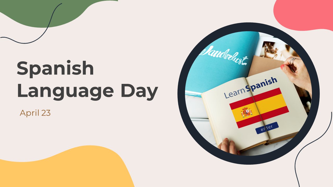 Slide deck featuring flags, maps, and colorful shapes, discussing the significance of Spanish language day.