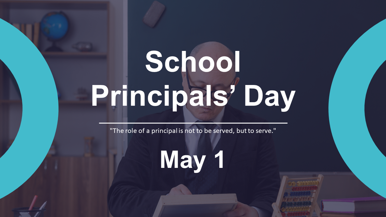 School principals day slides with blue and purple theme, covering appreciation, community engagement, and celebration.