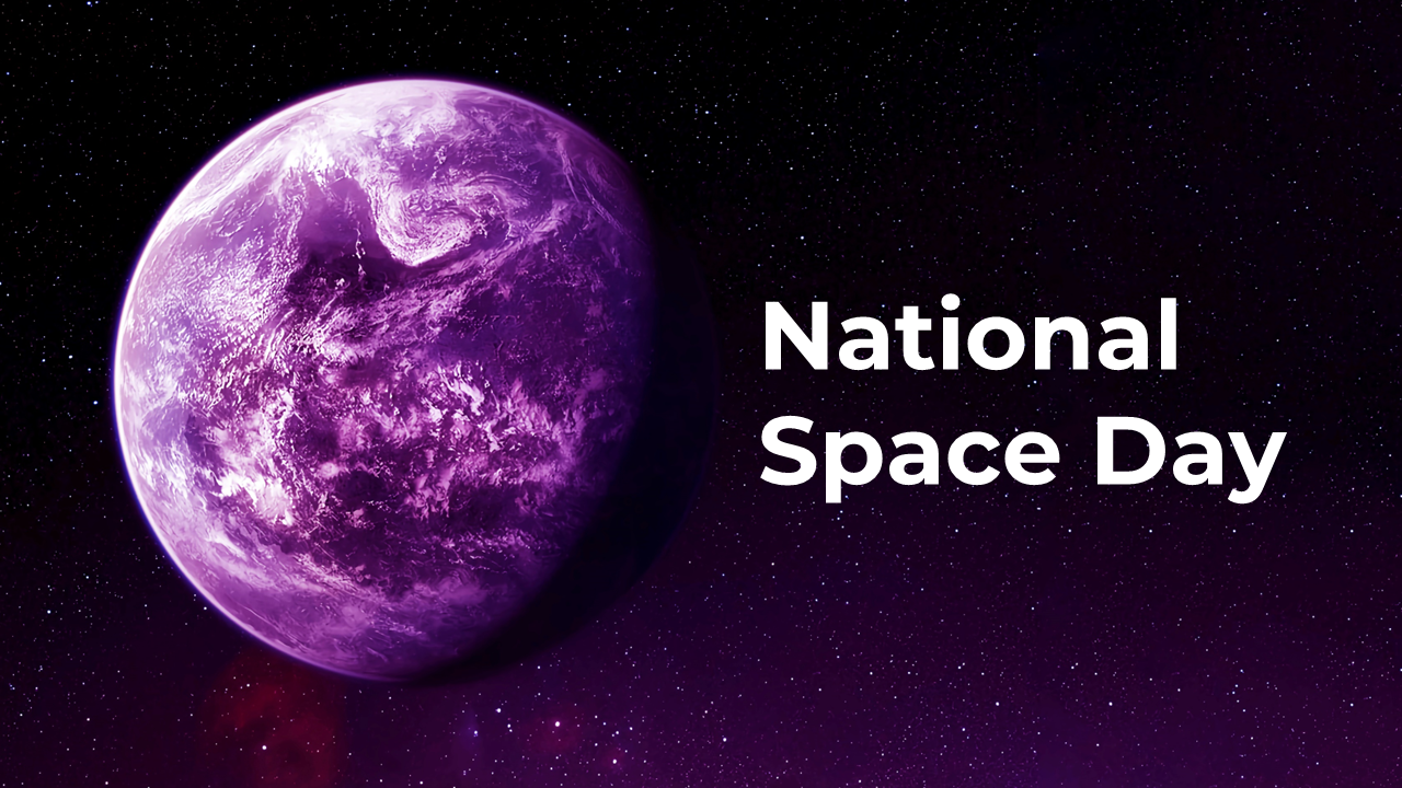 Slide deck on national space day, featuring vibrant galaxy images and discussing exploration and its importance.