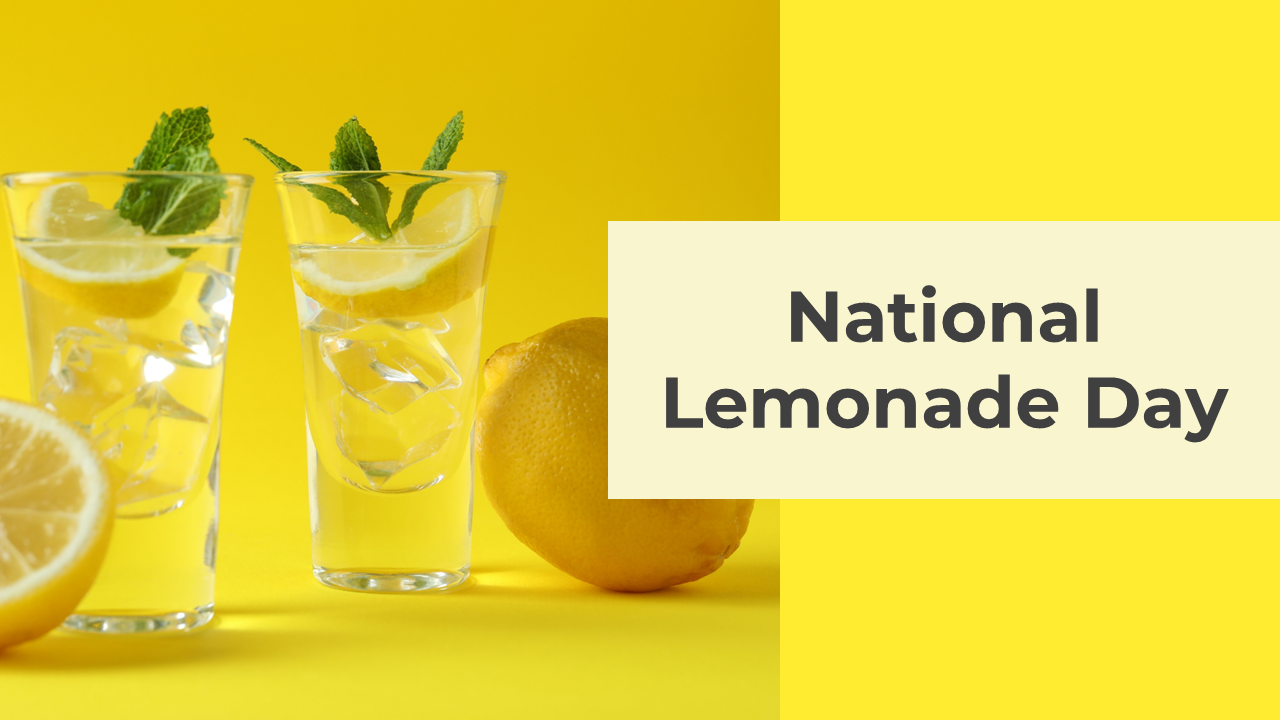 Slide deck with lemon and lemonade imagery, showing steps to make, benefits, and celebration ideas in yellow color theme.