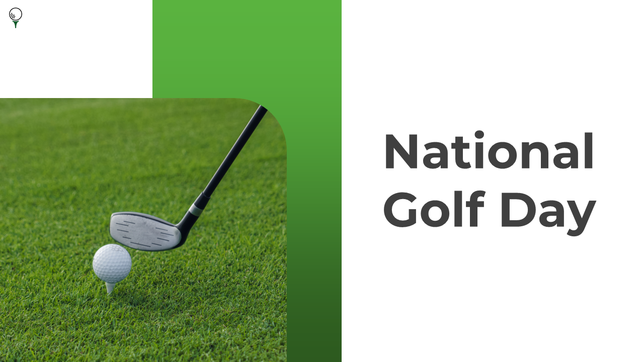 National Golf day slides with sections on history, benefits, celebrations, and the future of golf, featuring a green theme.